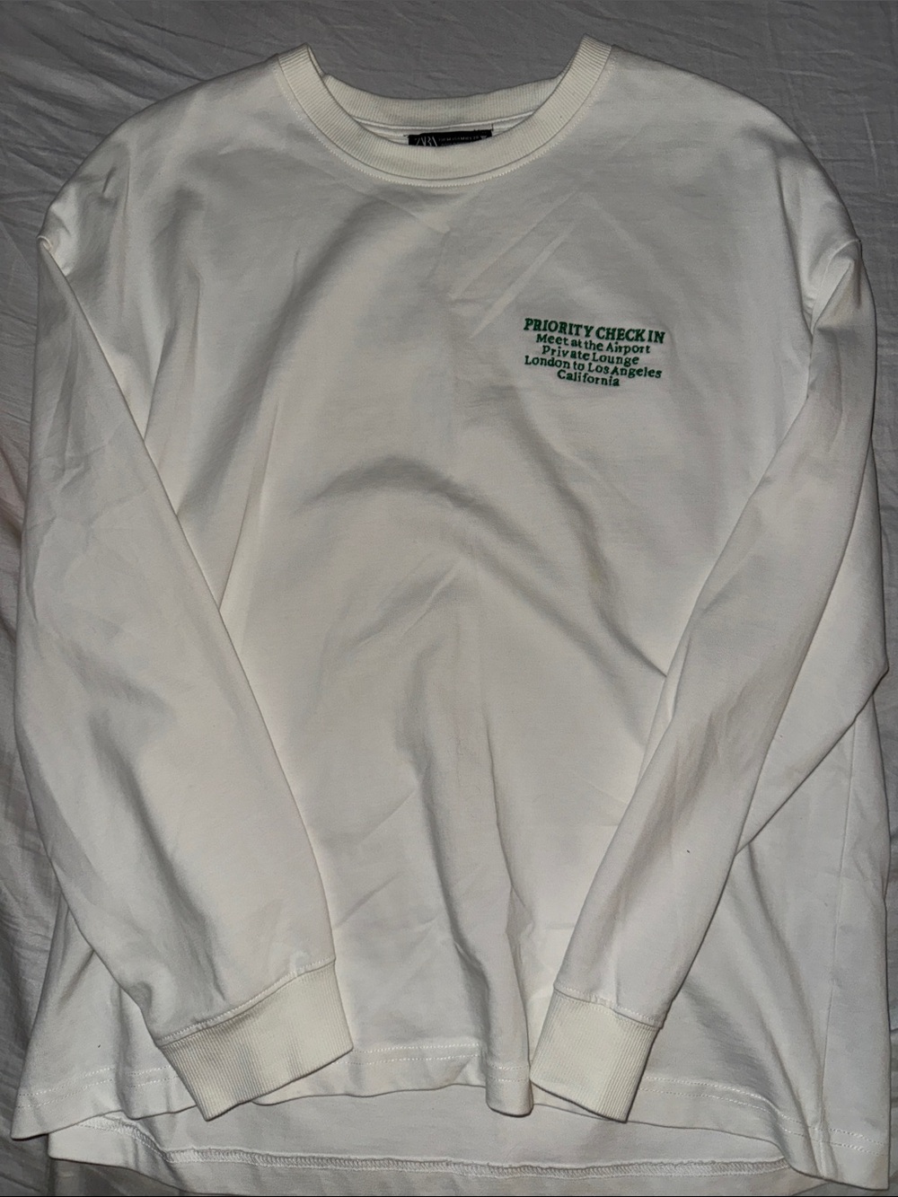 Zara White Long Sleeve Tee with Green Chest Print